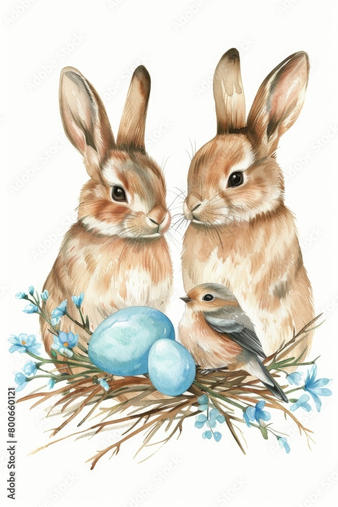 Poster image of a pair of rabbits sitting side by side. suitable for various nature and animal-themed proje