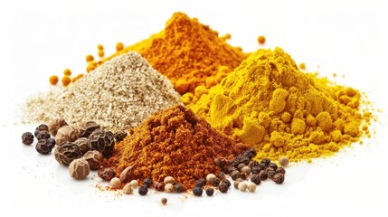 Various spices on a clean white background, perfect for culinary concepts