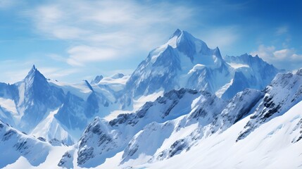 Beautiful panoramic view of snowy mountains with blue sky.