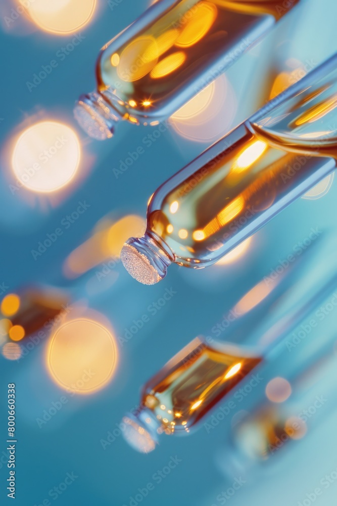 Poster Group of bottles filled with various colored liquids. Suitable for science or laboratory themed projects
