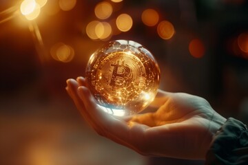 Fototapeta premium A human hand gently holding a glowing orb adorned with the Bitcoin symbol. 
