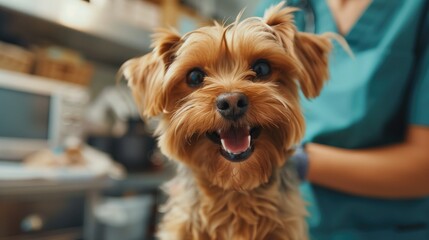 Close-up of cute yorkshire terrier looking at camera in vet clinic