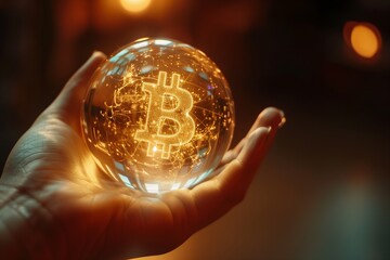 A human hand gently holding a glowing orb adorned with the Bitcoin symbol. 