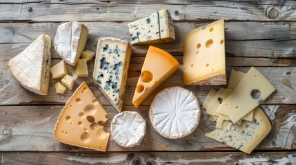 assortment of cheeses on a wooden background