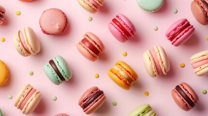 colorful macarons arranged in a light pink background
