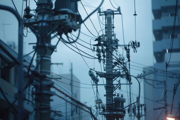 Urban cityscape with telephone poles and wires at night. Suitable for technology or urban development concepts