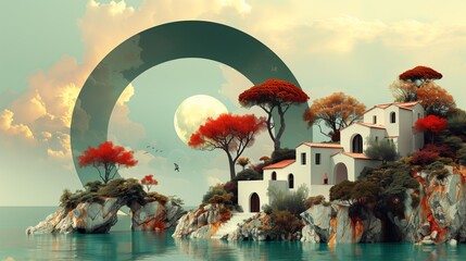 Serene and surreal digital artwork depicting coastal mediterranean-style homes nestled among vibrant red trees on rocky islands with a large moon and circular formation in the sky