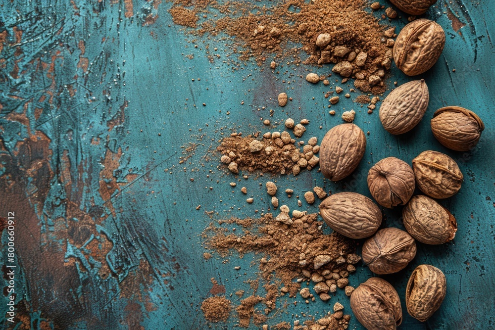 Poster assorted nuts displayed on a blue table, perfect for food and nutrition concepts