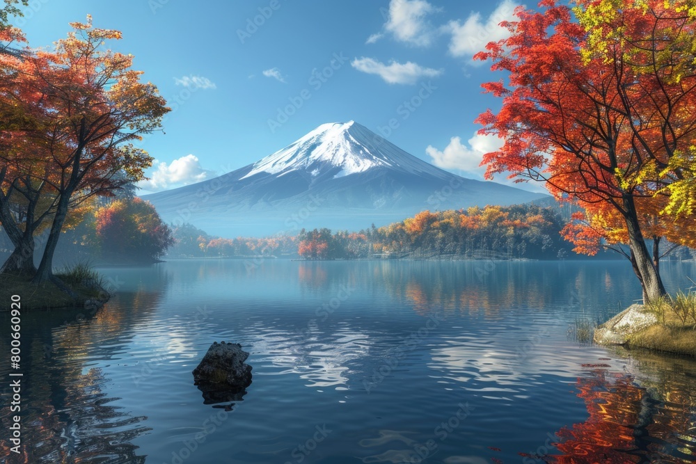 Poster Scenic view of a lake with a mountain in the background. Ideal for nature and travel concepts