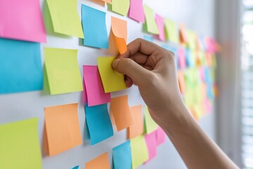 A persons hand putting post-it notes on the wall symboliz