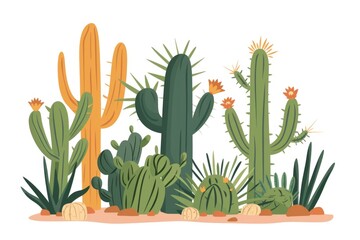 A group of cactus plants in a desert. Suitable for desert landscapes