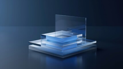 design of a centered icon with frosted glass and simple structure, transparent blue and white in a dark background