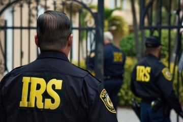 IRS tax agents standing in front of a mansion for a raid