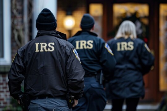 IRS tax agents standing in front of a mansion for a raid
