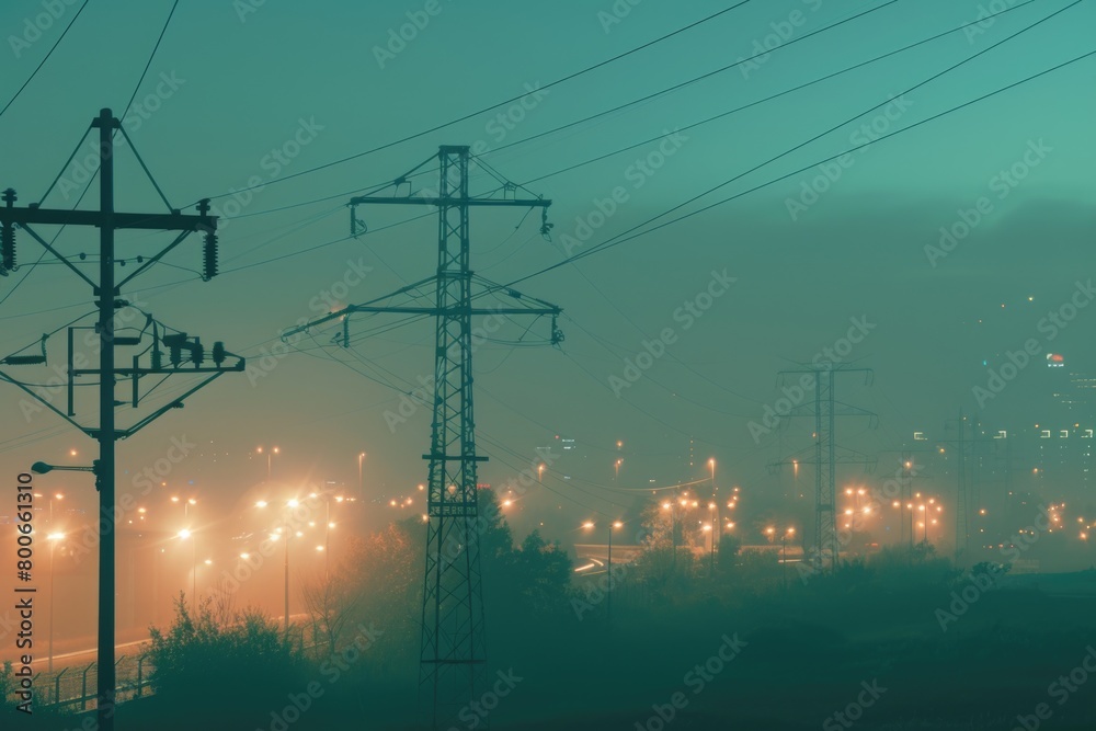 Poster a cityscape covered in fog at night with power lines in the foreground. suitable for urban and indus