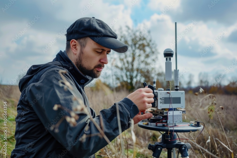Poster a man standing in a field with a camera on a tripod. suitable for photography or outdoor activities
