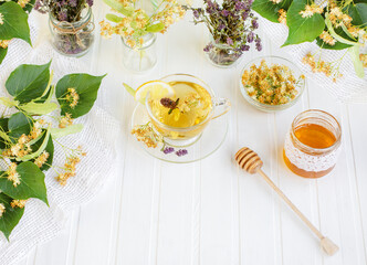 Hot tea from linden flowers with lemon natural honey, healthy treats for vitamins, strong immunity