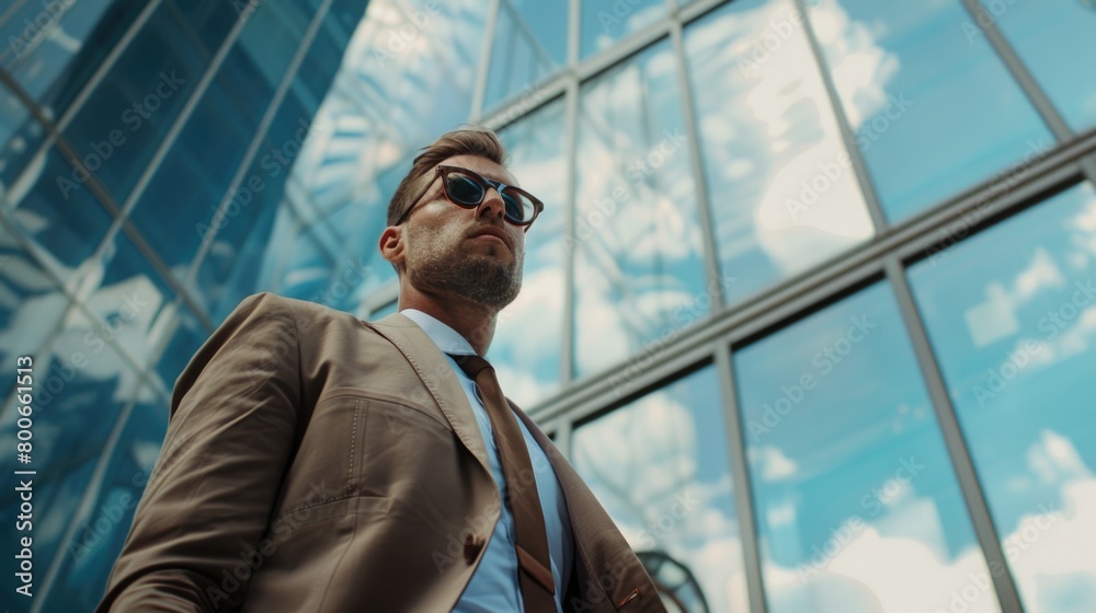 Poster professional man in suit and tie standing in front of office building. suitable for business and cor
