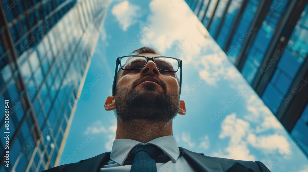 Poster a man in a suit and tie standing in front of a tall building. suitable for business and corporate co