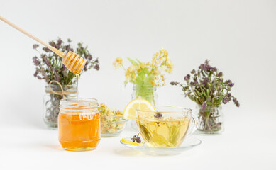Hot tea from linden flowers with lemon natural honey, healthy treats for vitamins, strong immunity