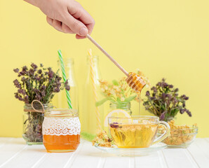 Hot tea from linden flowers with lemon natural honey, healthy treats for vitamins, strong immunity