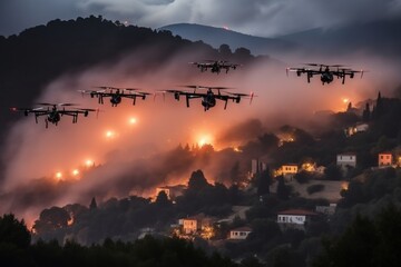Enchanting Night Scene Autonomous Drone Swarm with Glowing Red Flares Lighting Up Hillside Town under Majestic Starry Sky, Creating Surreal and Magical Atmosphere that Inspires Wonder and Imagination