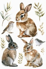 Fototapeta premium A group of rabbits and birds sitting peacefully. Ideal for nature and wildlife concepts