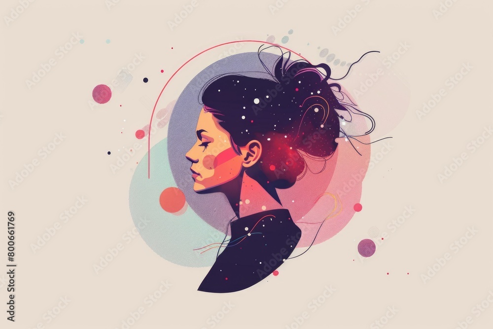Poster A woman's face with a circular design in the background. Ideal for graphic design projects