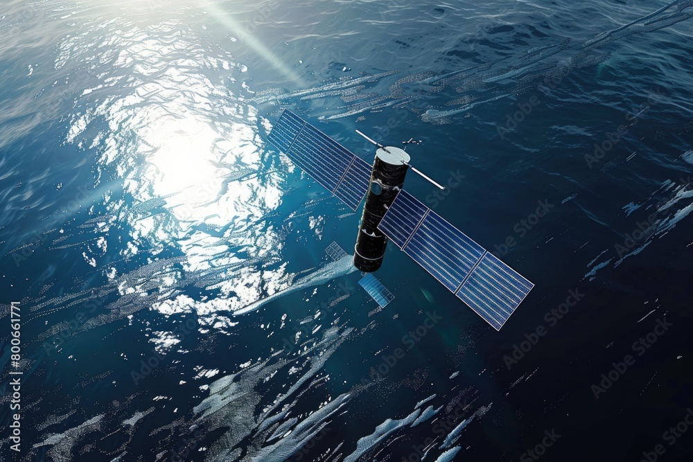 Poster A satellite floating in the middle of a body of water. Suitable for technology or science related projects