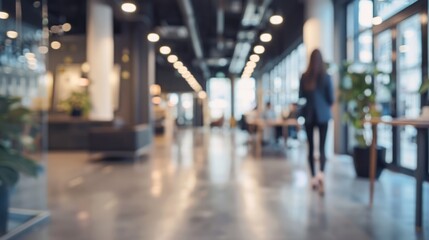 Blurry image of a woman walking down a hallway. Suitable for illustrating movement and transition concepts