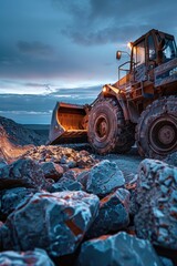 Heavy bulldozer on a pile of rocks, suitable for construction projects - obrazy, fototapety, plakaty