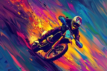 A person riding a motorcycle on a vibrant, colorful background. Perfect for travel and adventure concepts