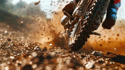 A person riding a dirt bike on a dirt track. Ideal for sports and outdoor activities