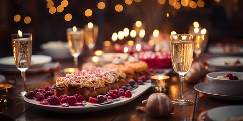 Christmas table with cakes, candles and wine. Selective focus. Holiday.