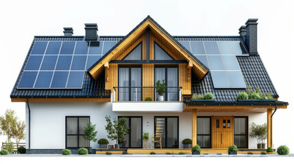 The image shows a modern house with solar panels on the roof.