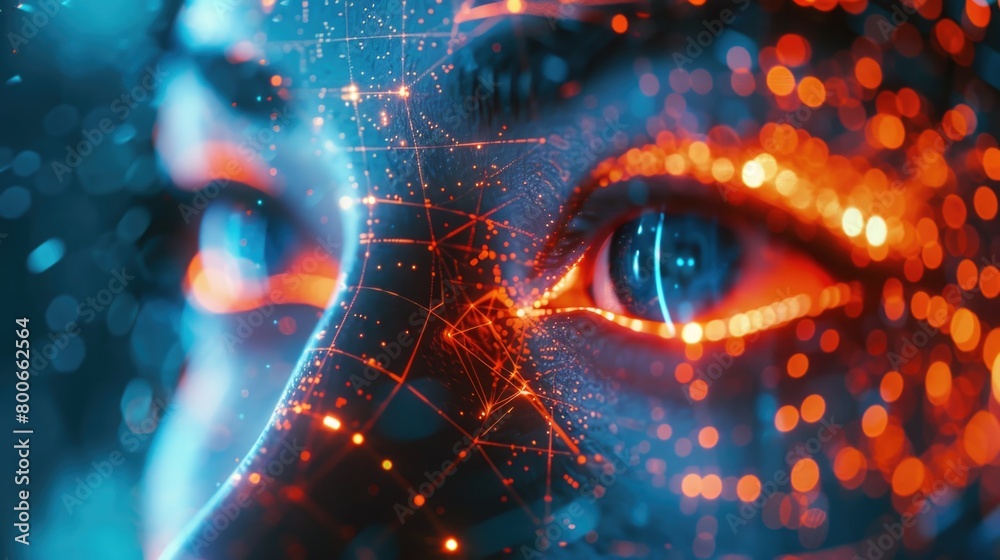 Poster a close up of a person's face with a glowing eye. suitable for futuristic concepts