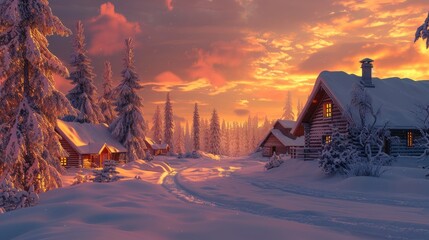 Log cabins gleaming within the sunset encompassed by snow