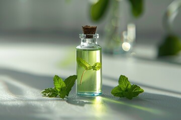 Glass bottle filled with green liquid next to sprig of mint. Ideal for beverage or spa concept