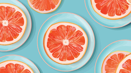 Plates with slices of ripe grapefruit on color background