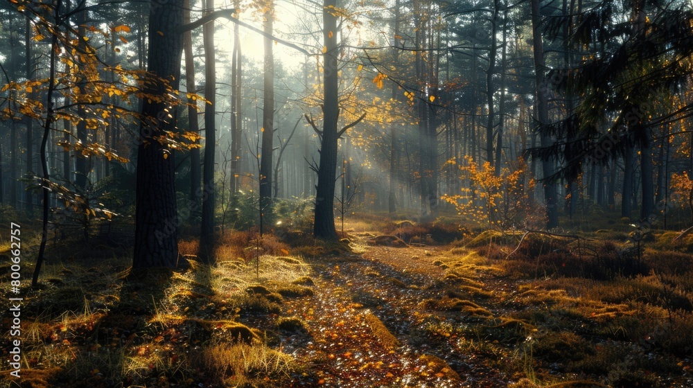 Aufkleber sunlight filtering through trees in the woods, ideal for nature backgrounds