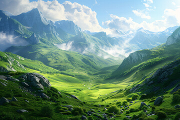 Mountain landscape with clouds and green valleys