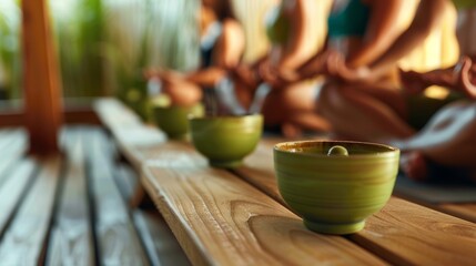 A group of people sit in a sauna each with a calming green tea in hand discussing their favorite yoga poses and how the heat of the sauna helps to deepen their stretches..