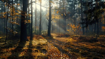 Sunlight filtering through trees in the woods, ideal for nature backgrounds