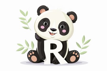 Cute panda bear holding letter R, perfect for educational designs