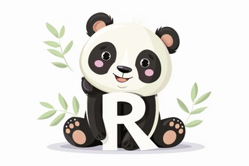 Fototapeta premium Cute panda bear holding letter R, perfect for educational designs