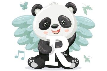 Naklejka premium Cute panda bear with wings holding a letter R, perfect for children's educational materials