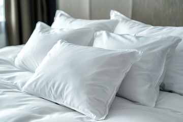 Close up of a bed with white pillows, suitable for interior design projects