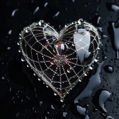 Intricate Heart-Shaped Web with Raindrops