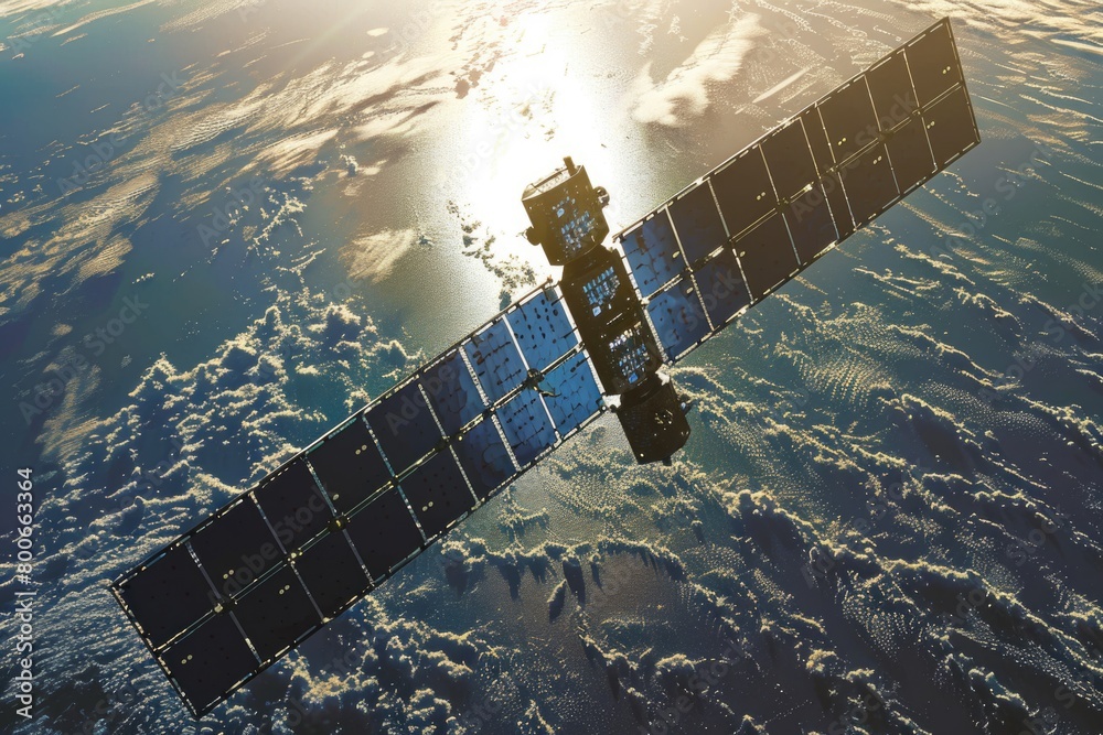 Poster A satellite floating in the vast sky. Suitable for technology and communication concepts