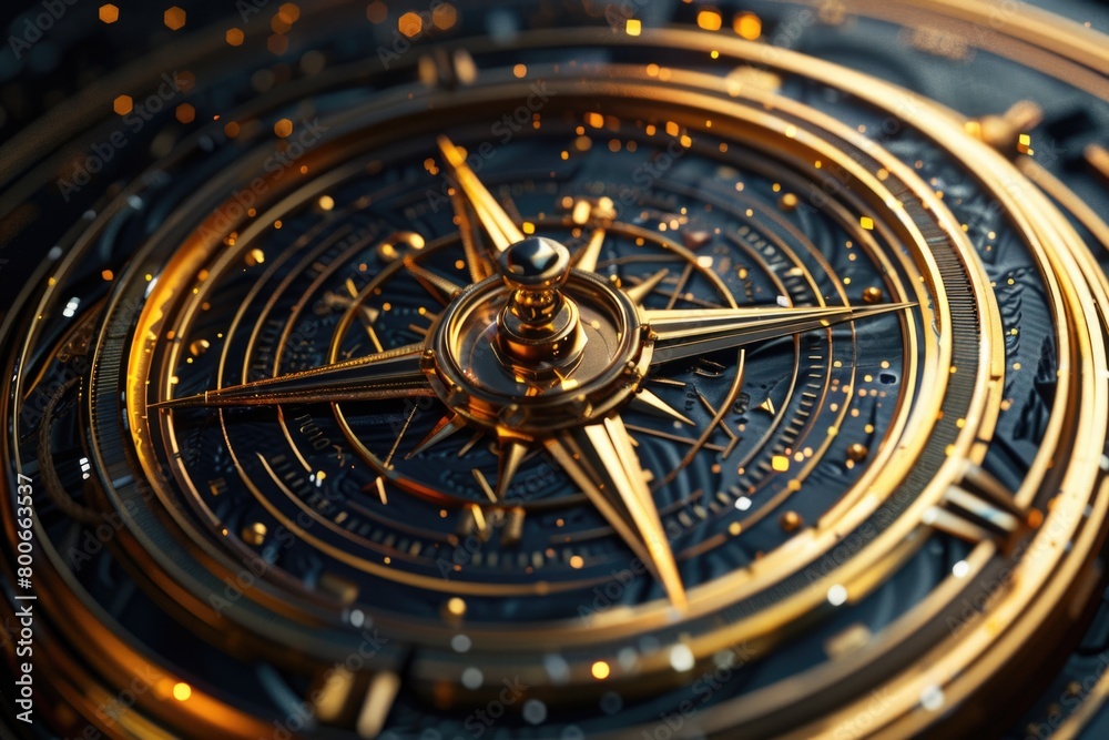 Poster a detailed shot of a golden compass on a black surface. ideal for navigation concepts